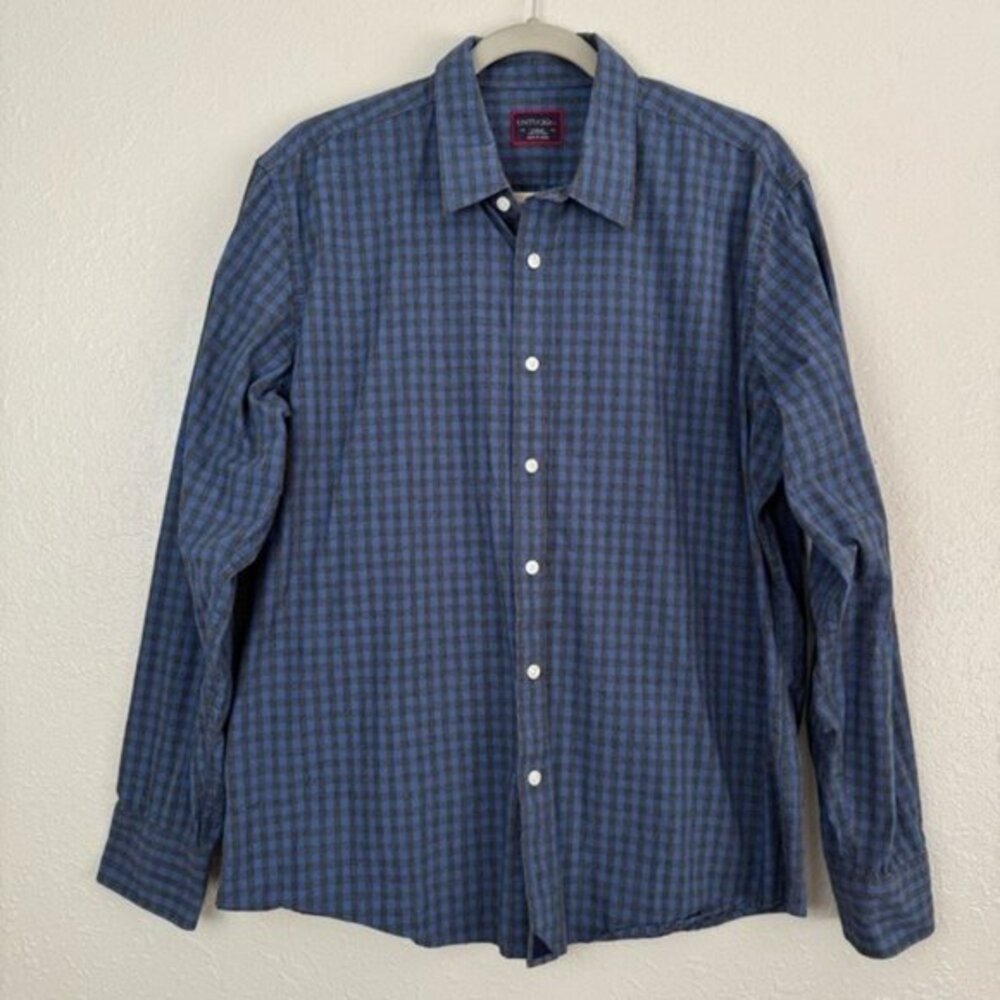 Untuckit‎ blue gray checker square long sleeve button down shirt L